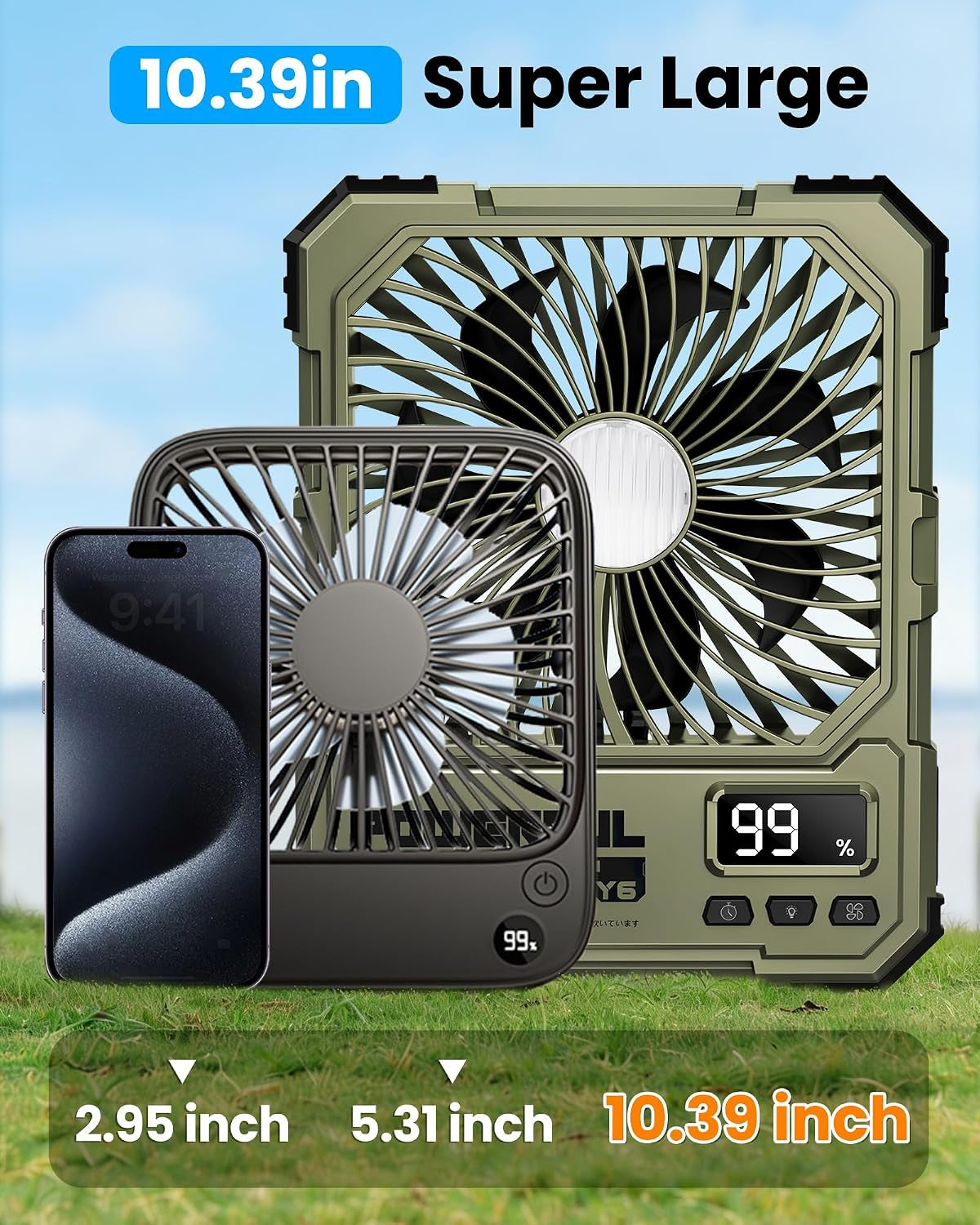 20000Mah Battery Powered Fan, Ultra-Slim Portable Rechargeable Camping Fan, Cordless Rechargeable Desk Fan, 4 Speeds LED Light for or Bedroom, Outdoor, Tent, Travel (Green)