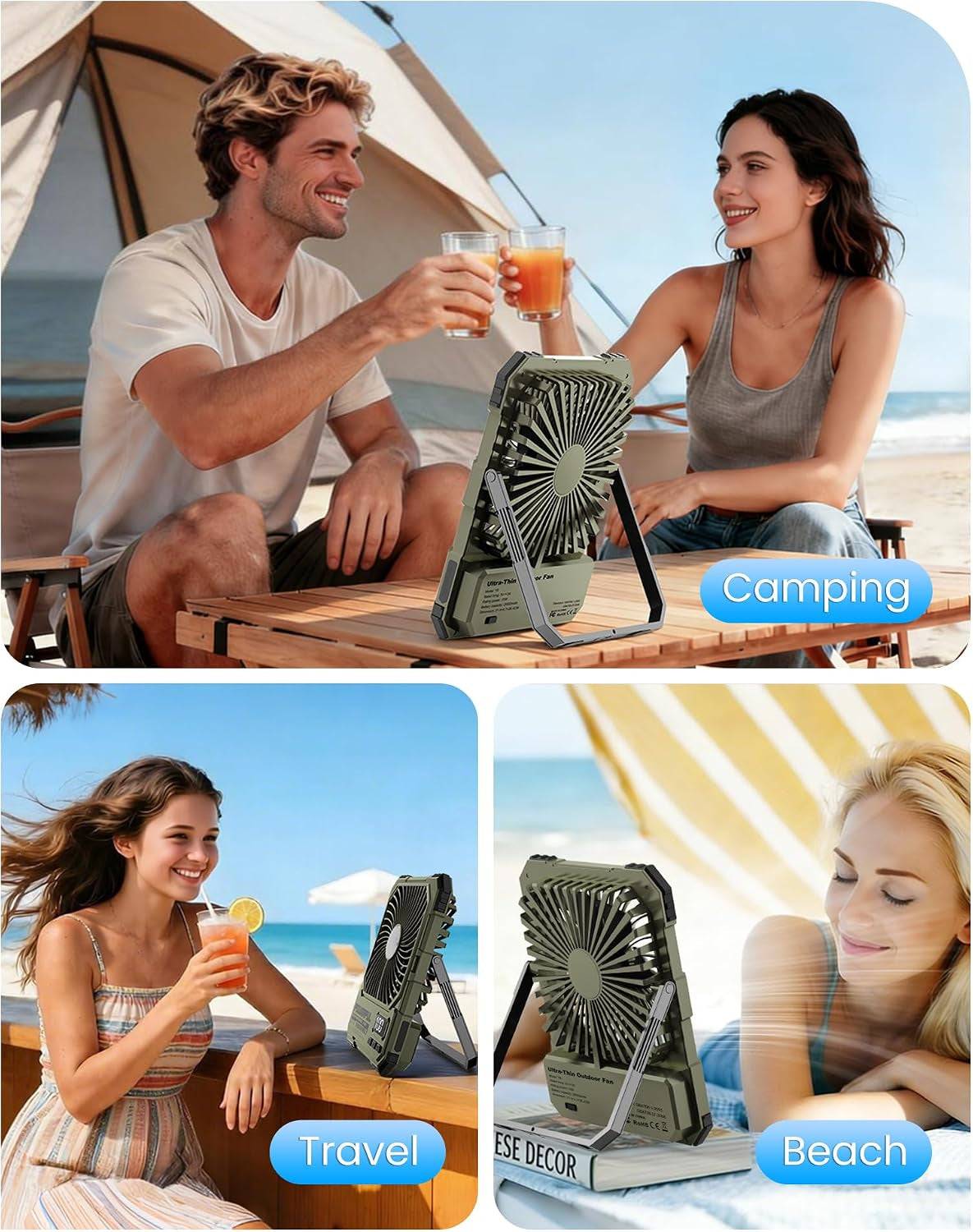 20000Mah Battery Powered Fan, Ultra-Slim Portable Rechargeable Camping Fan, Cordless Rechargeable Desk Fan, 4 Speeds LED Light for or Bedroom, Outdoor, Tent, Travel (Green)