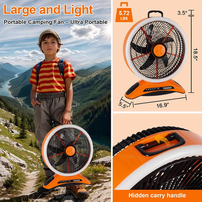 45000Mah Battery Operated Camping Fan with LED, Large 12-Inch Blades High Velocity Rechargeable Portable Outdoor Fan, Cordless Floor Fan with Remote & Timer for Garage Hurricane