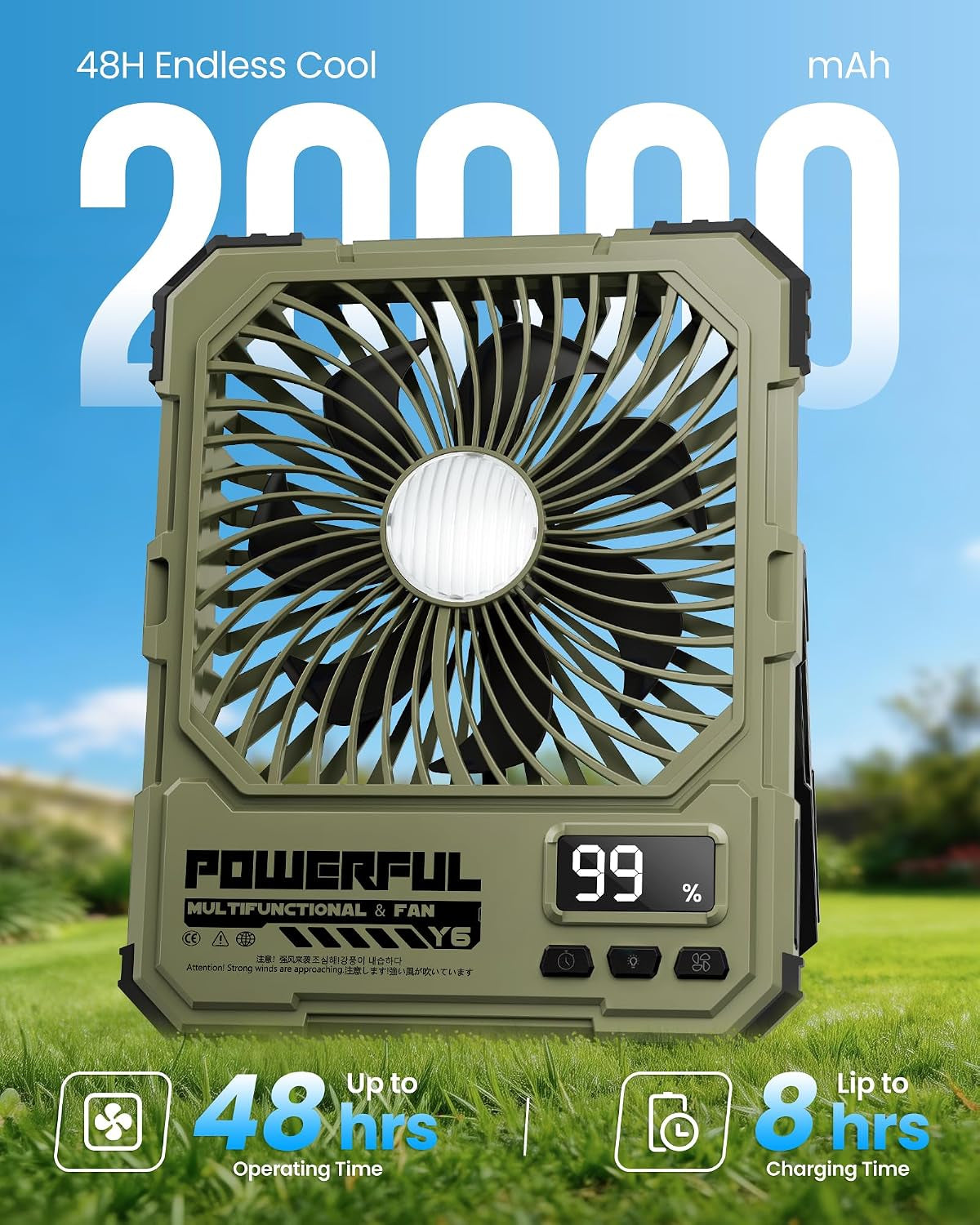 20000Mah Battery Powered Fan, Ultra-Slim Portable Rechargeable Camping Fan, Cordless Rechargeable Desk Fan, 4 Speeds LED Light for or Bedroom, Outdoor, Tent, Travel (Green)