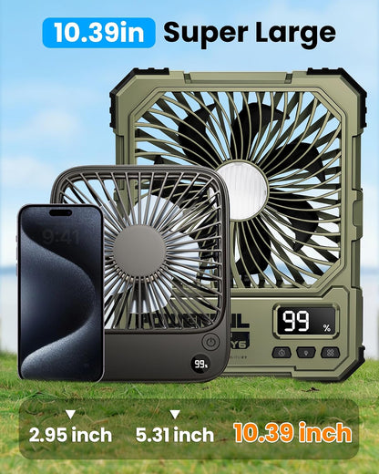 20000Mah Battery Powered Fan, Ultra-Slim Portable Rechargeable Camping Fan, Cordless Rechargeable Desk Fan, 4 Speeds LED Light for or Bedroom, Outdoor, Tent, Travel (Green)
