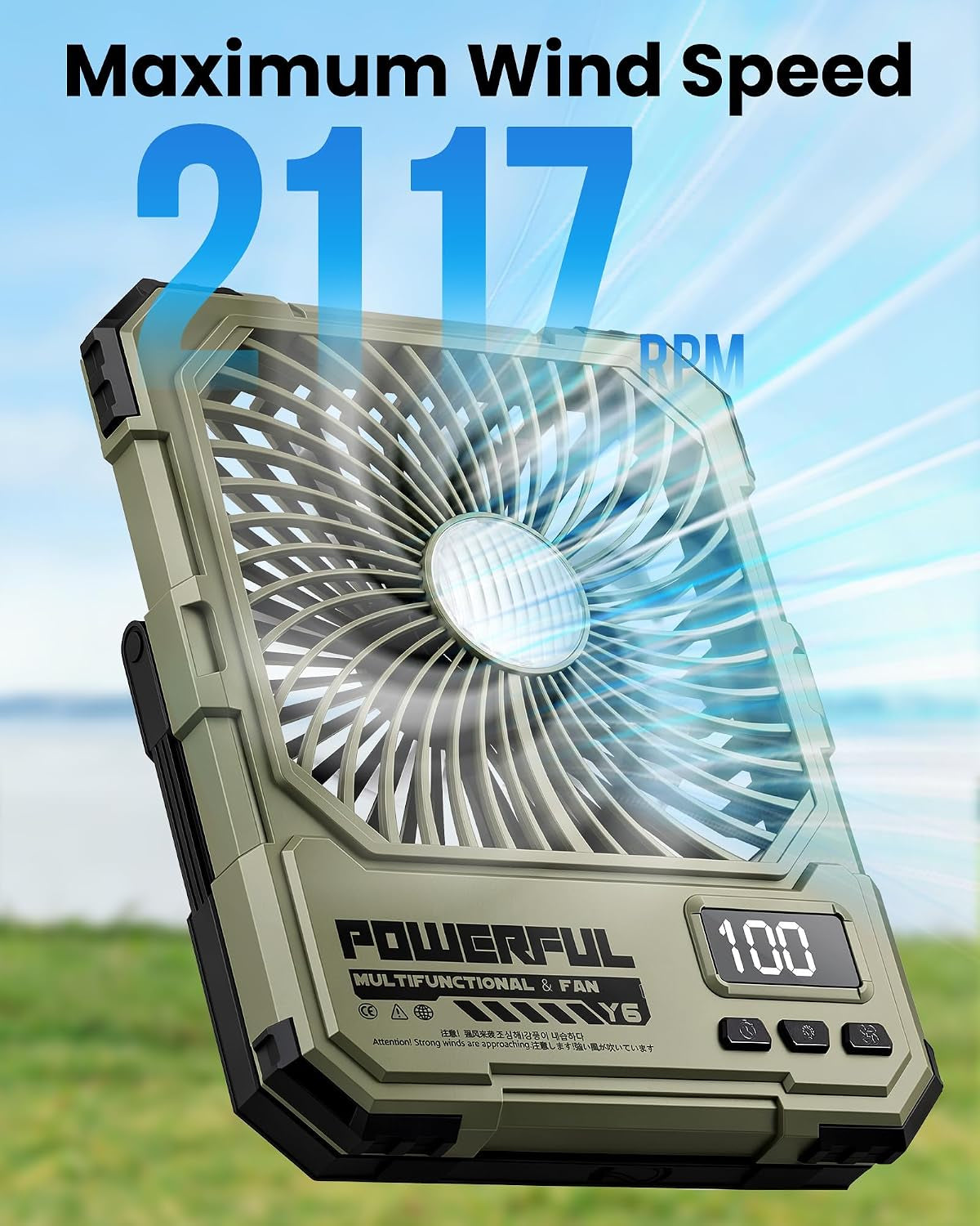 20000Mah Battery Powered Fan, Ultra-Slim Portable Rechargeable Camping Fan, Cordless Rechargeable Desk Fan, 4 Speeds LED Light for or Bedroom, Outdoor, Tent, Travel (Green)