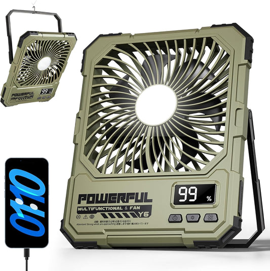 20000Mah Battery Powered Fan, Ultra-Slim Portable Rechargeable Camping Fan, Cordless Rechargeable Desk Fan, 4 Speeds LED Light for or Bedroom, Outdoor, Tent, Travel (Green)
