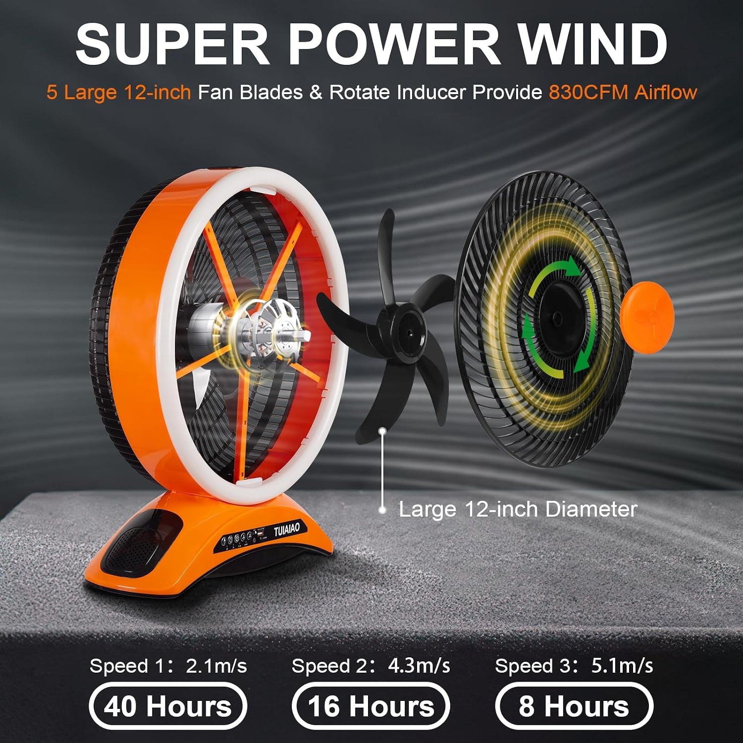 45000Mah Battery Operated Camping Fan with LED, Large 12-Inch Blades High Velocity Rechargeable Portable Outdoor Fan, Cordless Floor Fan with Remote & Timer for Garage Hurricane