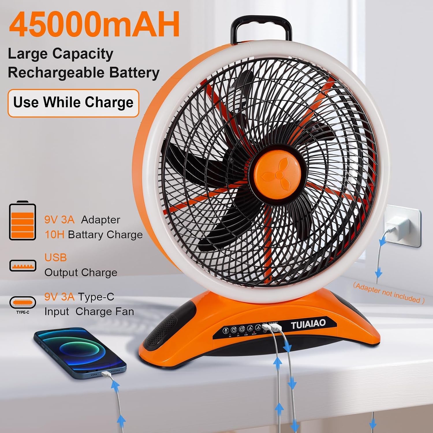 45000Mah Battery Operated Camping Fan with LED, Large 12-Inch Blades High Velocity Rechargeable Portable Outdoor Fan, Cordless Floor Fan with Remote & Timer for Garage Hurricane