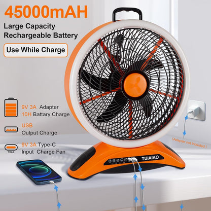 45000Mah Battery Operated Camping Fan with LED, Large 12-Inch Blades High Velocity Rechargeable Portable Outdoor Fan, Cordless Floor Fan with Remote & Timer for Garage Hurricane