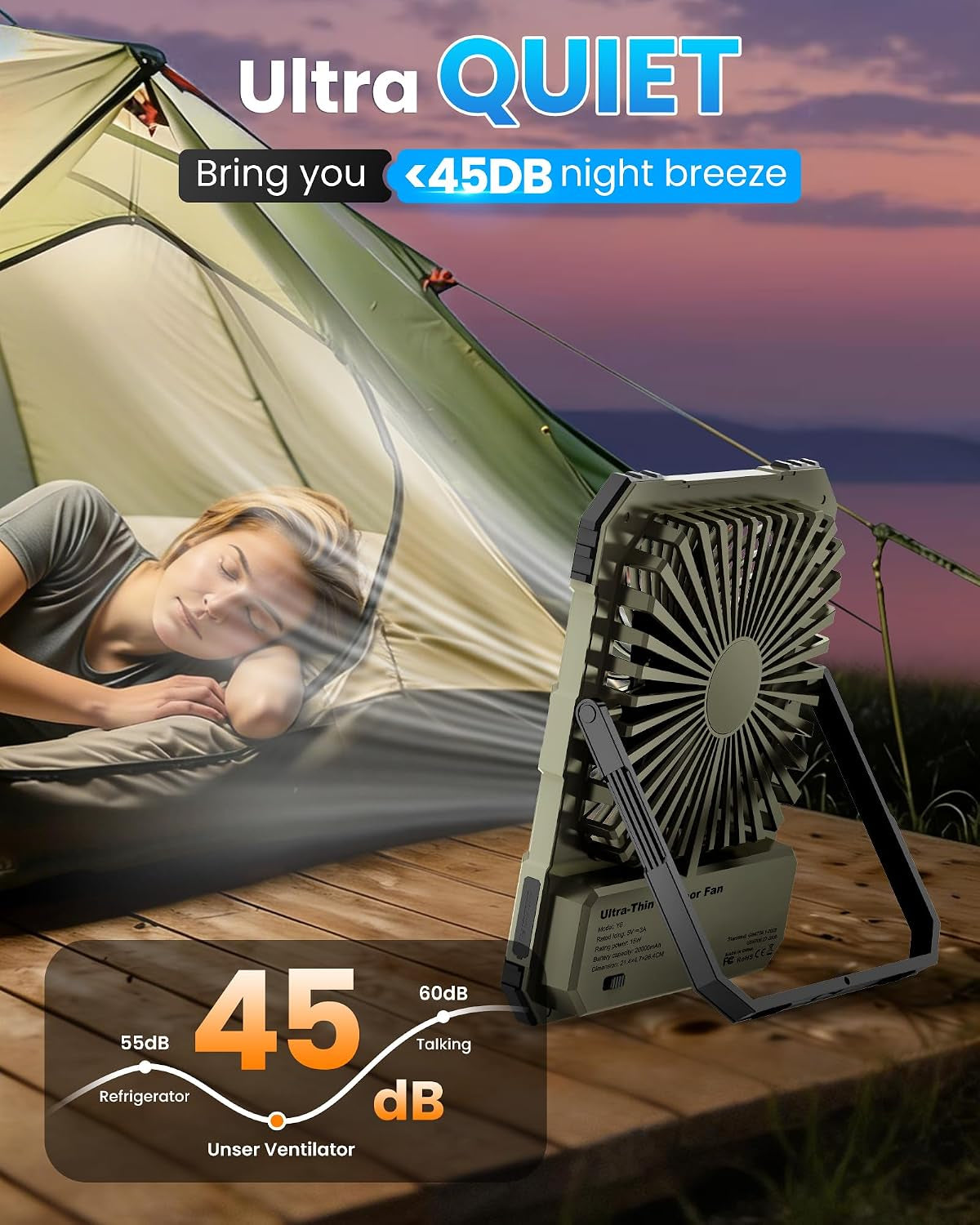 20000Mah Battery Powered Fan, Ultra-Slim Portable Rechargeable Camping Fan, Cordless Rechargeable Desk Fan, 4 Speeds LED Light for or Bedroom, Outdoor, Tent, Travel (Green)